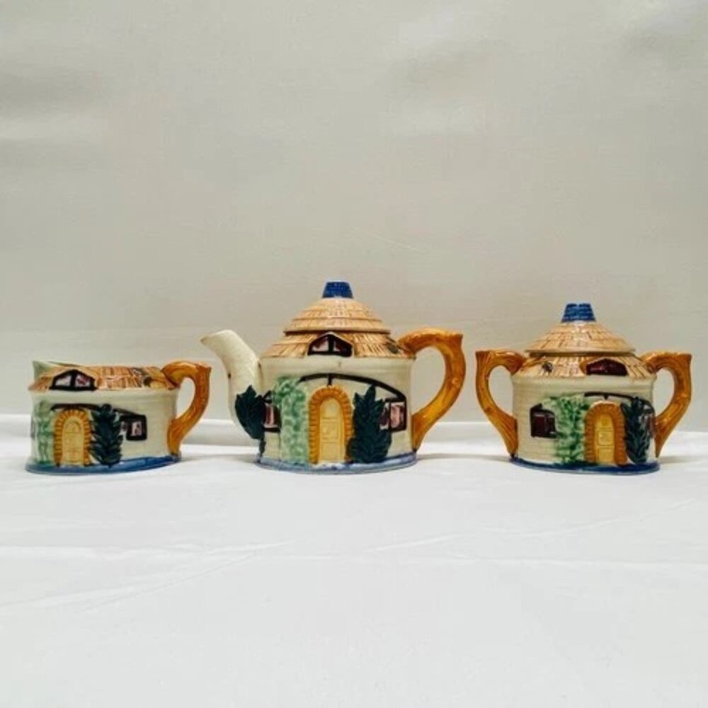 Vintage Japan Cottage Tea‎ Set Creamer + Lidded Teapot & Sugar Bowl w/Lid 3 Pc.